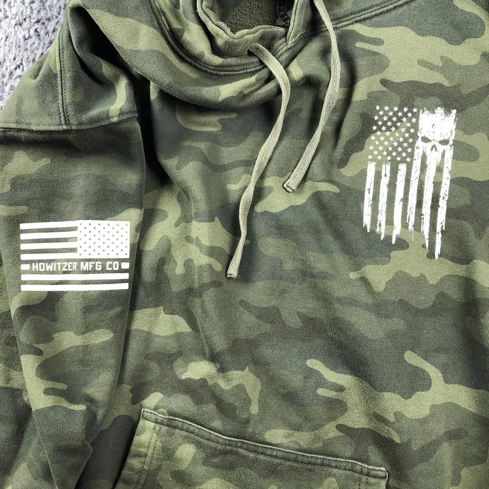 Howitzer Hoodie Mens 2XL Green Camo Fleece Pullover American Patriot Flag Skull - Picture 4 of 11